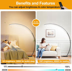 2000LM Ultra-Wide Coverage LED Lamps for Living Room with 3 Color Temperatures, Dimmable Arc Floor Lamps, Modern Standing Tall Lamp with Remote Control Reading Floor Lamp