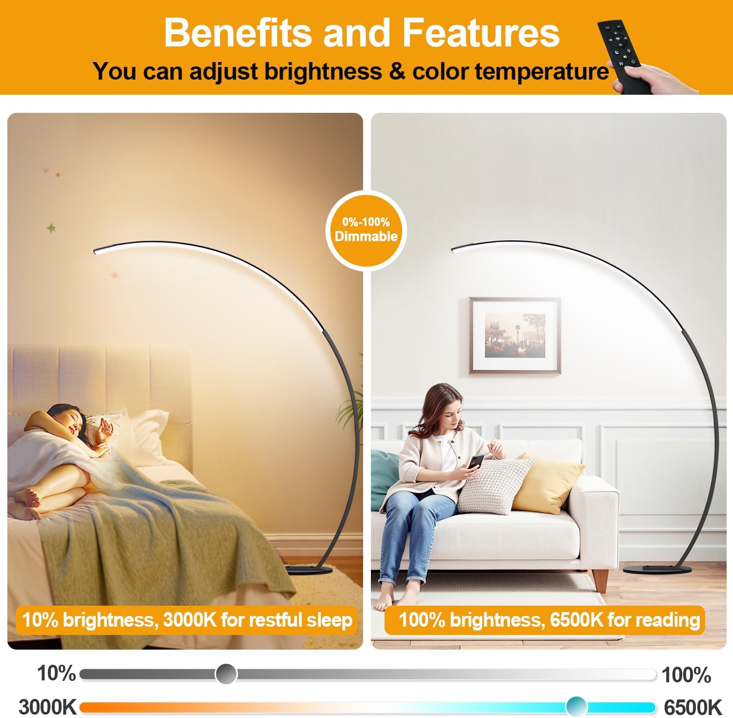 2000LM Ultra-Wide Coverage LED Lamps for Living Room with 3 Color Temperatures, Dimmable Arc Floor Lamps, Modern Standing Tall Lamp with Remote Control Reading Floor Lamp