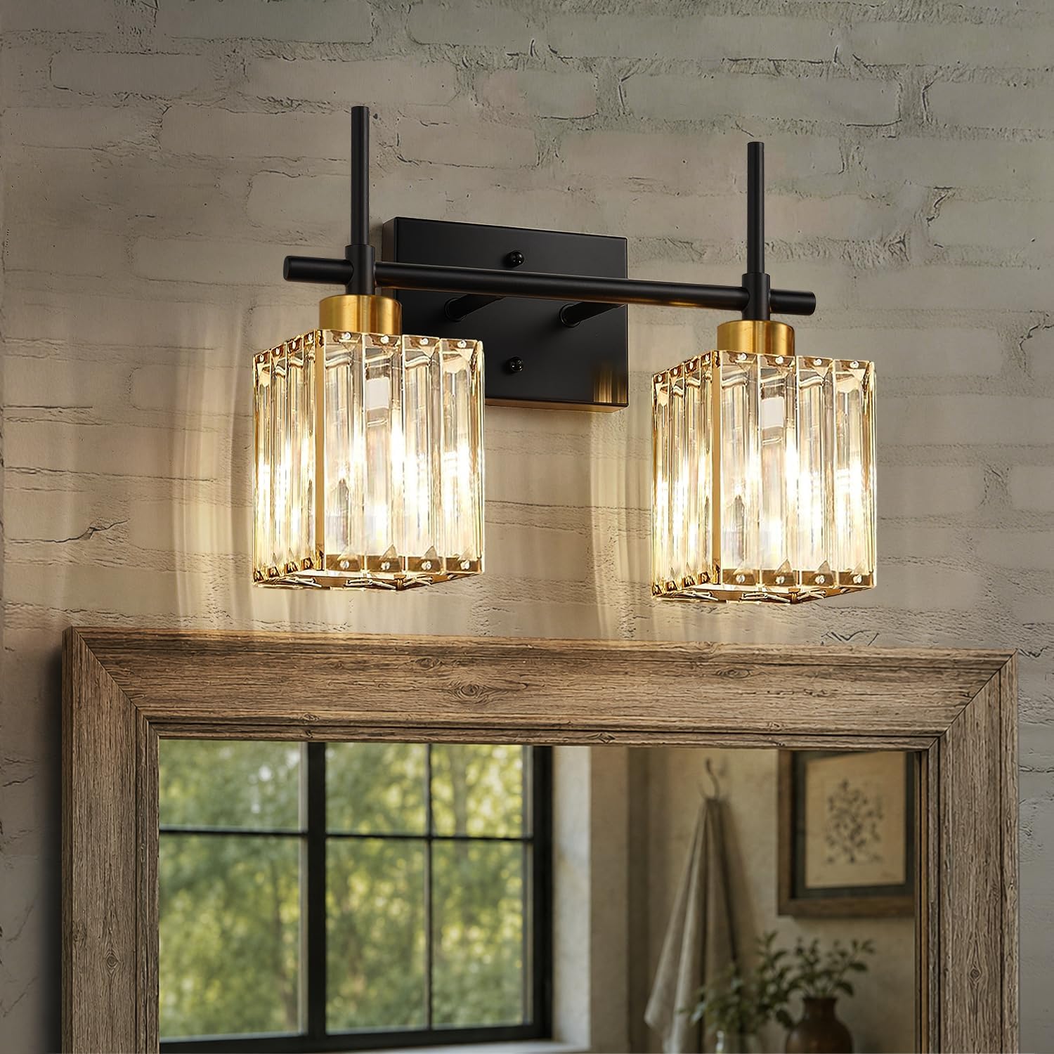 Torondo Modern Crystal 3-Light Vanity Lights for Bathroom Gold Bathroom Lights Over Mirror Black and Gold Vanity Lighting Fixtures Square Shade Brass Wall Sconce