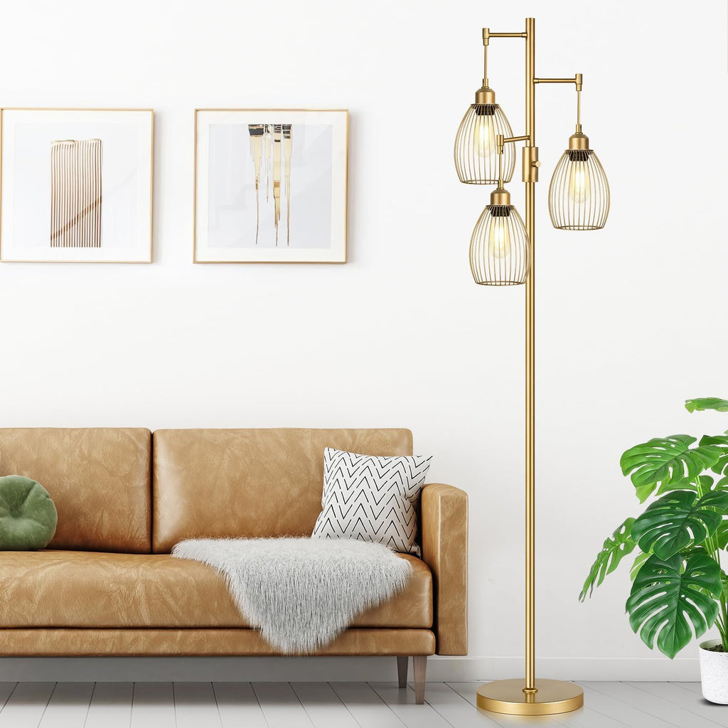 Dimmable Floor Lamp, Industrial Floor Lamps for Living Room, Gold Tree Lamp Standing Lamp Tall Lamps with 3 Elegant Teardrop Cage Head & 800 Lumens LED Bulbs