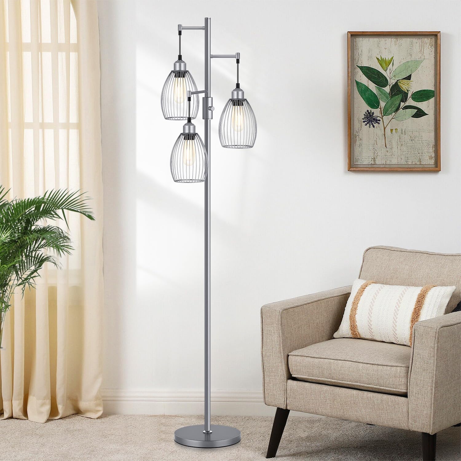 Dimmable Floor Lamp, Industrial Floor Lamps for Living Room, Gold Tree Lamp Standing Lamp Tall Lamps with 3 Elegant Teardrop Cage Head & 800 Lumens LED Bulbs