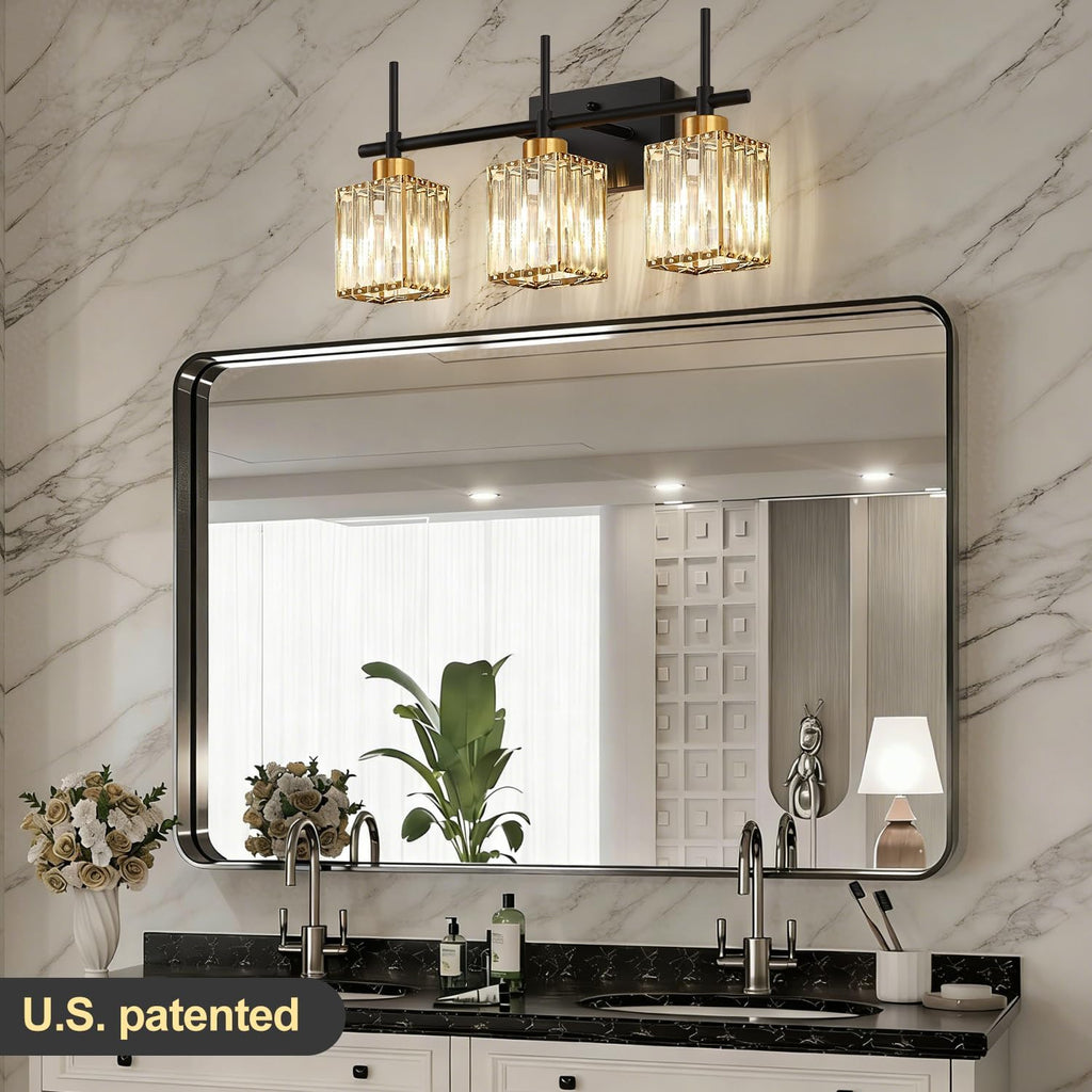 Torondo Modern Crystal 3-Light Vanity Lights for Bathroom Gold Bathroom Lights Over Mirror Black and Gold Vanity Lighting Fixtures Square Shade Brass Wall Sconce