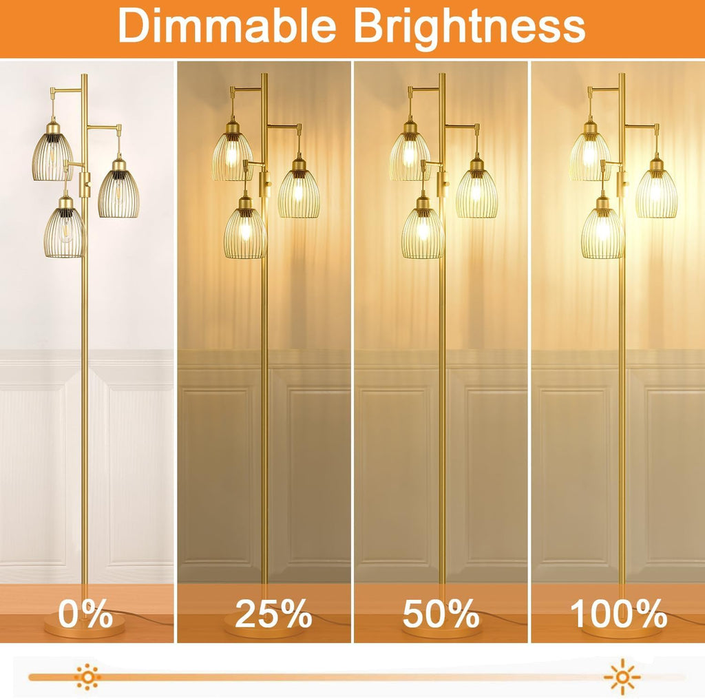 Dimmable Floor Lamp, Industrial Floor Lamps for Living Room, Gold Tree Lamp Standing Lamp Tall Lamps with 3 Elegant Teardrop Cage Head & 800 Lumens LED Bulbs