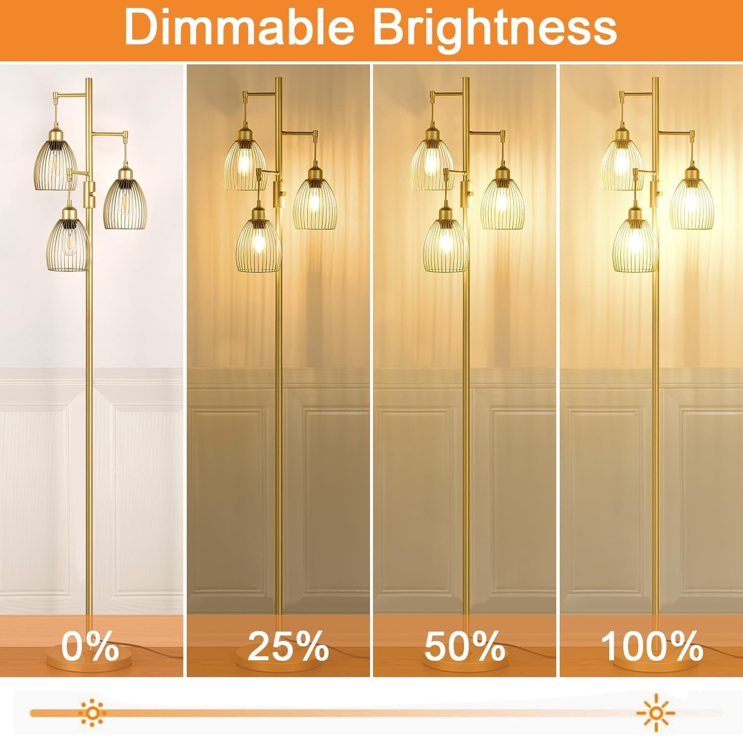 Dimmable Floor Lamp, Industrial Floor Lamps for Living Room, Gold Tree Lamp Standing Lamp Tall Lamps with 3 Elegant Teardrop Cage Head & 800 Lumens LED Bulbs
