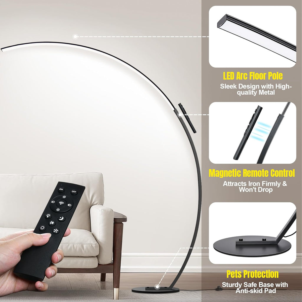 2000LM Ultra-Wide Coverage LED Lamps for Living Room with 3 Color Temperatures, Dimmable Arc Floor Lamps, Modern Standing Tall Lamp with Remote Control Reading Floor Lamp