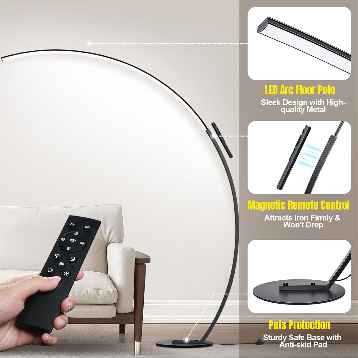 2000LM Ultra-Wide Coverage LED Lamps for Living Room with 3 Color Temperatures, Dimmable Arc Floor Lamps, Modern Standing Tall Lamp with Remote Control Reading Floor Lamp