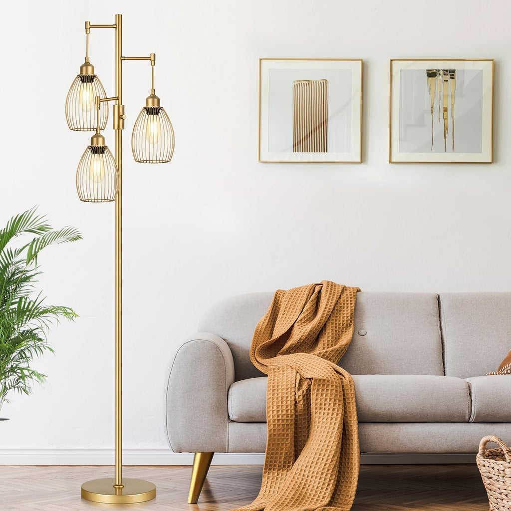 Dimmable Floor Lamp, Industrial Floor Lamps for Living Room, Gold Tree Lamp Standing Lamp Tall Lamps with 3 Elegant Teardrop Cage Head & 800 Lumens LED Bulbs