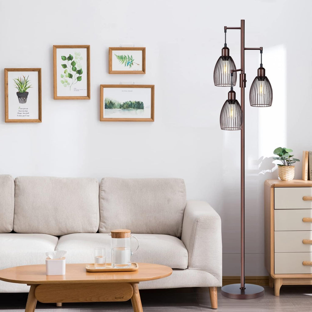 Dimmable Floor Lamp, Industrial Floor Lamps for Living Room, Gold Tree Lamp Standing Lamp Tall Lamps with 3 Elegant Teardrop Cage Head & 800 Lumens LED Bulbs