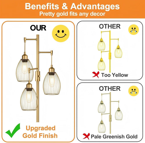 Dimmable Floor Lamp, Industrial Floor Lamps for Living Room, Gold Tree Lamp Standing Lamp Tall Lamps with 3 Elegant Teardrop Cage Head & 800 Lumens LED Bulbs