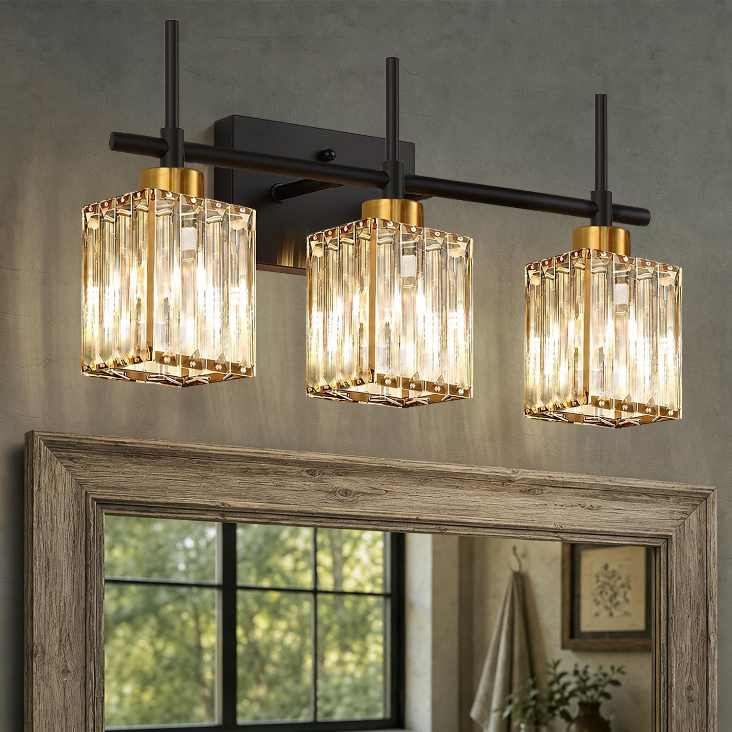 Torondo Modern Crystal 3-Light Vanity Lights for Bathroom Gold Bathroom Lights Over Mirror Black and Gold Vanity Lighting Fixtures Square Shade Brass Wall Sconce