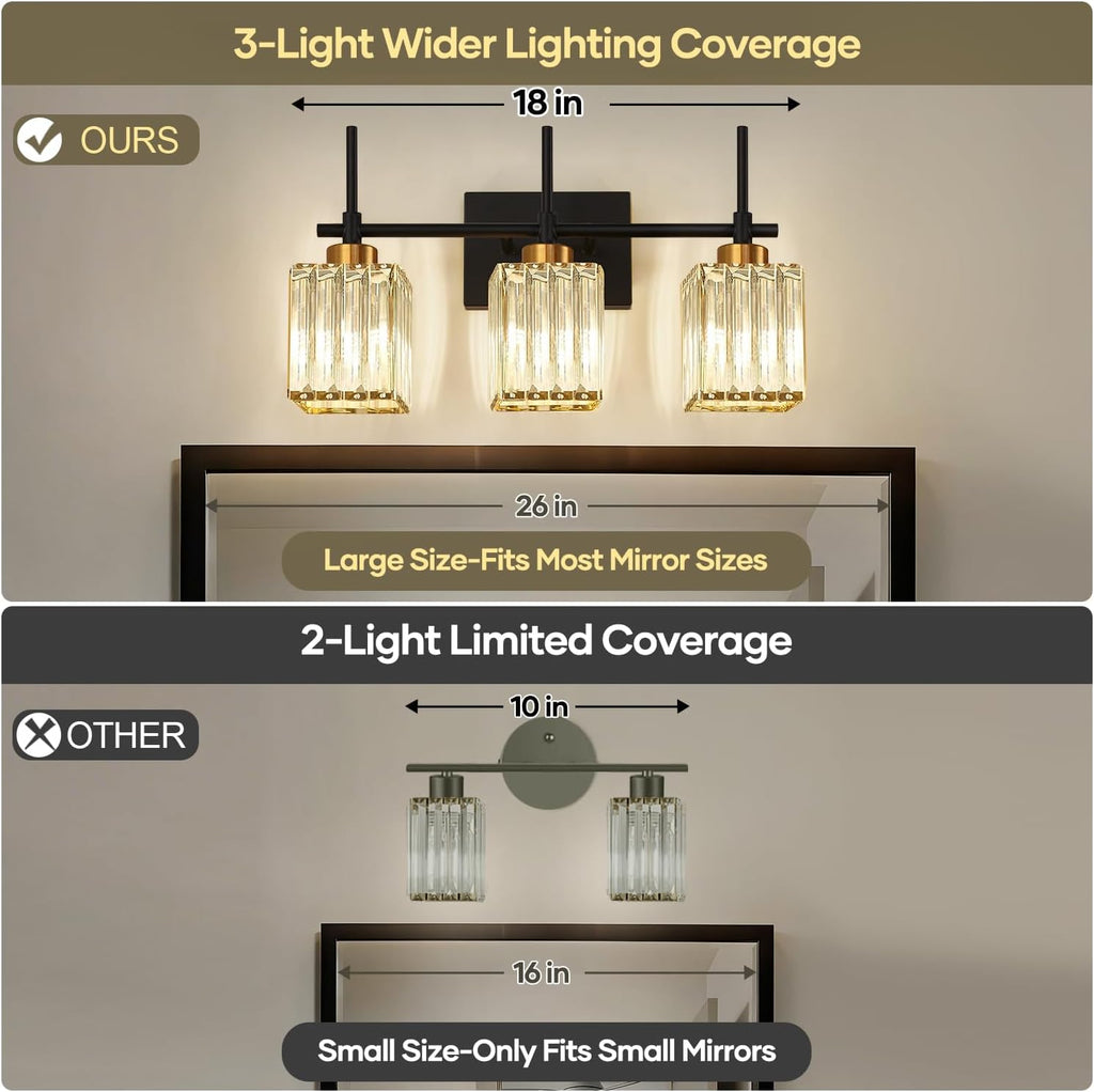 Torondo Modern Crystal 3-Light Vanity Lights for Bathroom Gold Bathroom Lights Over Mirror Black and Gold Vanity Lighting Fixtures Square Shade Brass Wall Sconce