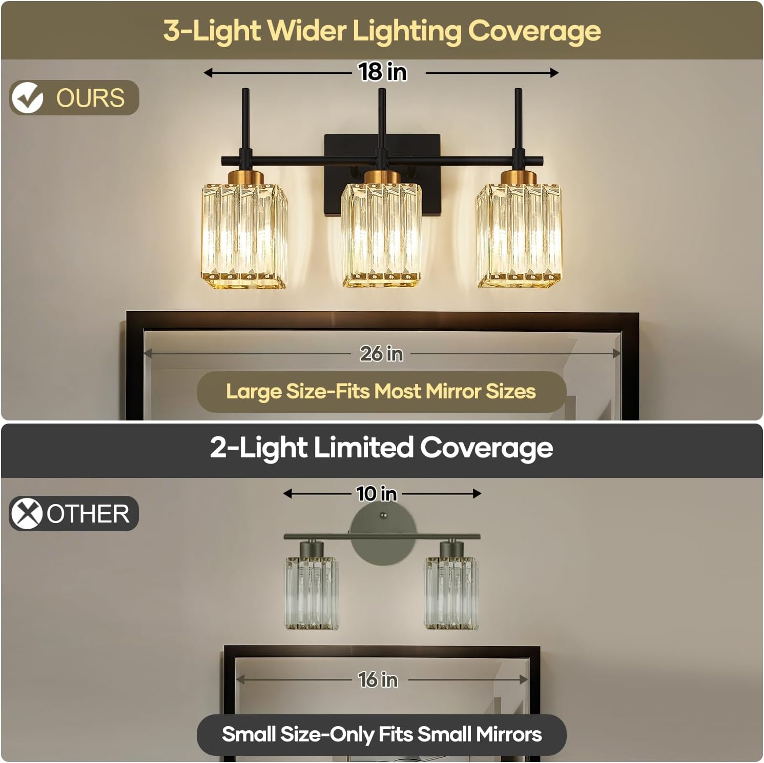 Torondo Modern Crystal 3-Light Vanity Lights for Bathroom Gold Bathroom Lights Over Mirror Black and Gold Vanity Lighting Fixtures Square Shade Brass Wall Sconce