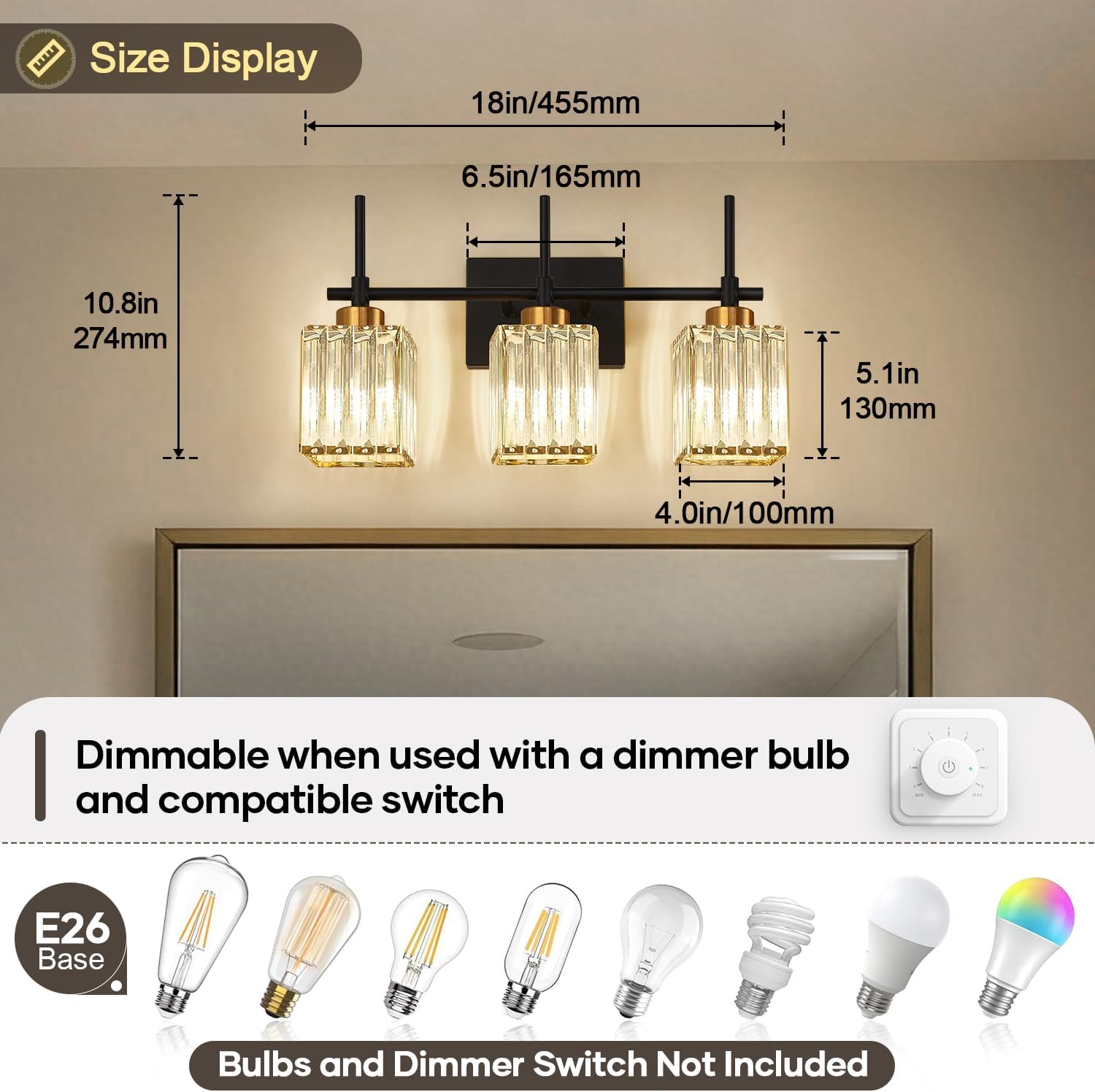Torondo Modern Crystal 3-Light Vanity Lights for Bathroom Gold Bathroom Lights Over Mirror Black and Gold Vanity Lighting Fixtures Square Shade Brass Wall Sconce