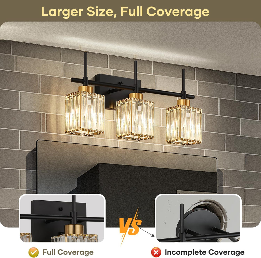 Torondo Modern Crystal 3-Light Vanity Lights for Bathroom Gold Bathroom Lights Over Mirror Black and Gold Vanity Lighting Fixtures Square Shade Brass Wall Sconce