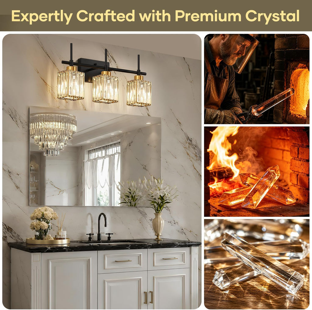 Torondo Modern Crystal 3-Light Vanity Lights for Bathroom Gold Bathroom Lights Over Mirror Black and Gold Vanity Lighting Fixtures Square Shade Brass Wall Sconce