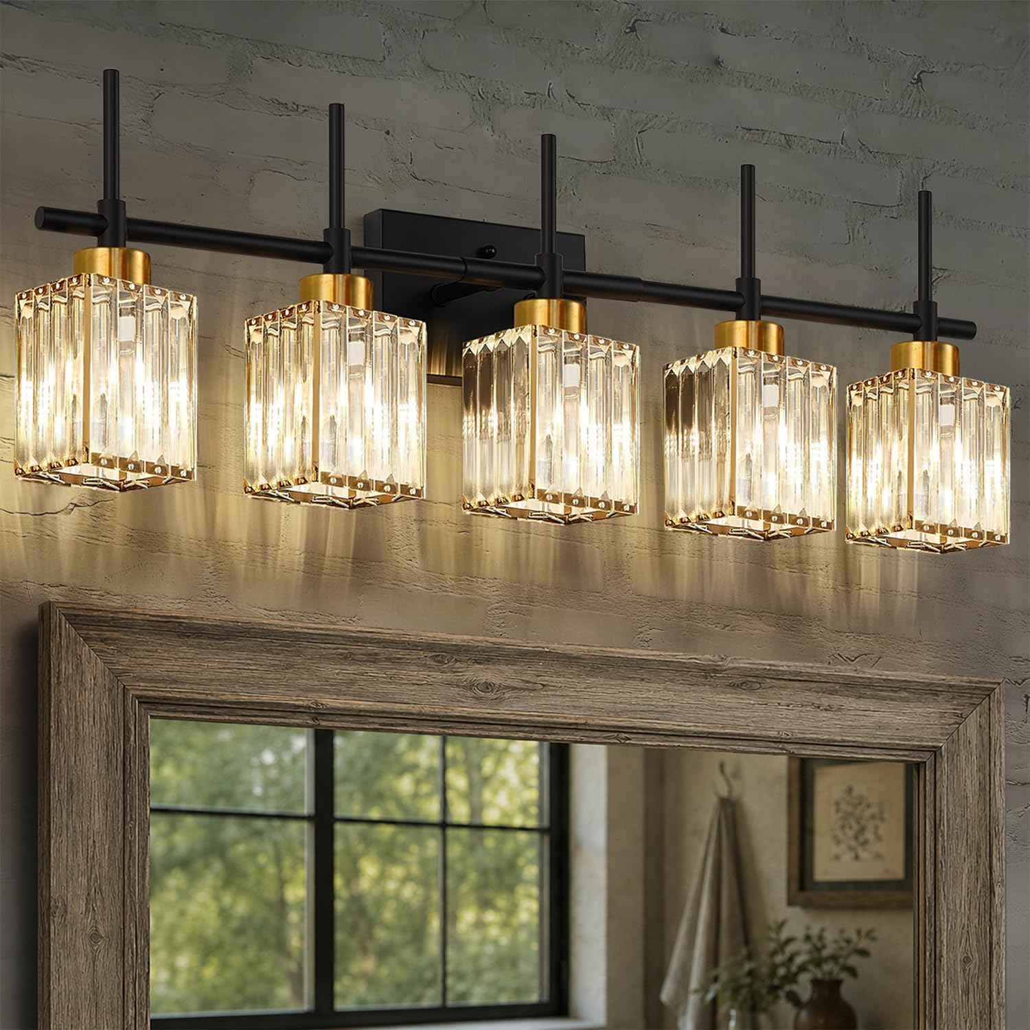 Torondo Modern Crystal 3-Light Vanity Lights for Bathroom Gold Bathroom Lights Over Mirror Black and Gold Vanity Lighting Fixtures Square Shade Brass Wall Sconce