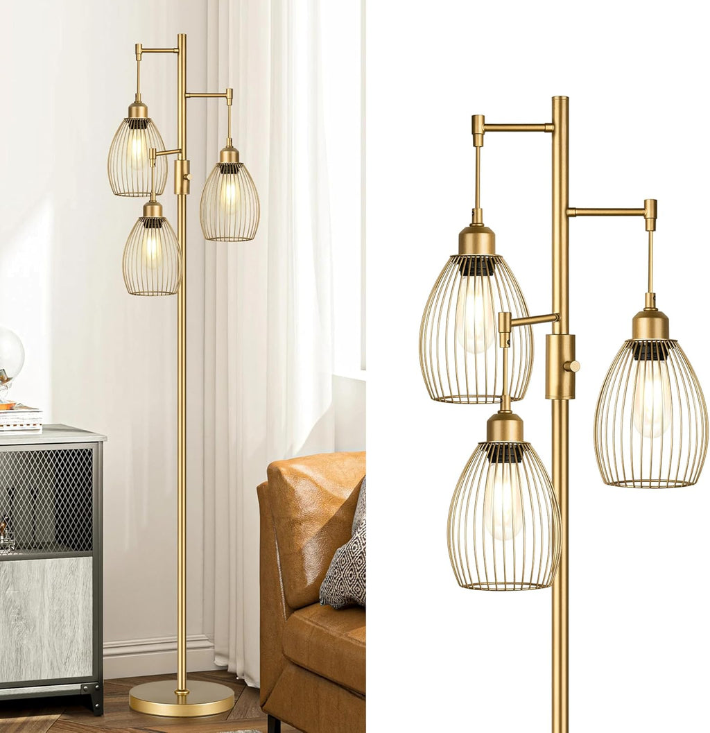 Dimmable Floor Lamp, Industrial Floor Lamps for Living Room, Gold Tree Lamp Standing Lamp Tall Lamps with 3 Elegant Teardrop Cage Head & 800 Lumens LED Bulbs