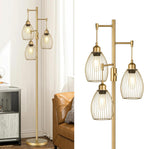 Dimmable Floor Lamp, Industrial Floor Lamps for Living Room, Gold Tree Lamp Standing Lamp Tall Lamps with 3 Elegant Teardrop Cage Head & 800 Lumens LED Bulbs